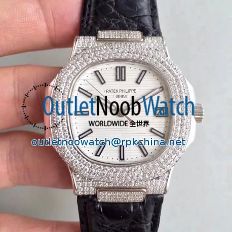 Replica Patek Philippe Nautilus Jumbo 5719/1G-001 MK Stainless Steel & Diamonds White Dial Swiss 324SC