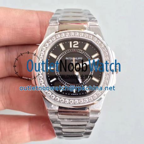 Replica Patek Philippe Nautilus Ladies 7010/1G-010 JJ Stainless Steel & Diamonds Black Dial Swiss Quartz E23-250 S C