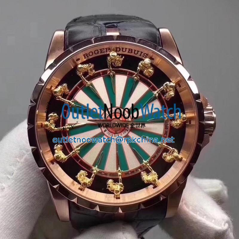 Replica Roger Dubuis Excalibur Knights Of The Round Table Limited Edition RDDBEX0398 N Rose Gold Green & White Dial M6T15