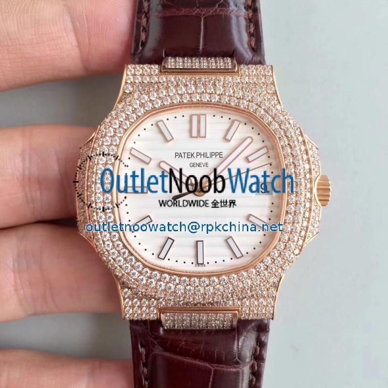 Replica Patek Philippe Nautilus Jumbo 5719/1G-001 2018 N Rose Gold & Diamonds White Dial Swiss 324SC