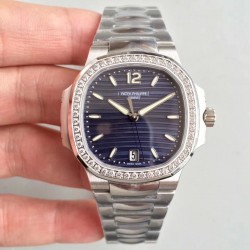 Replica Patek Philippe Nautilus Ladies 7018/1A-010 PF Stainless Steel & Diamonds Blue Dial Swiss 324 S C