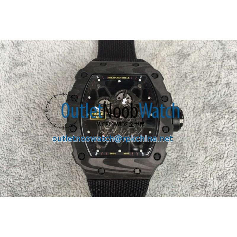 Replica Richard Mille RM35-01 Rafael Nadal Forged Carbon Skeleton Black Dial Black Nylon Strap M9015