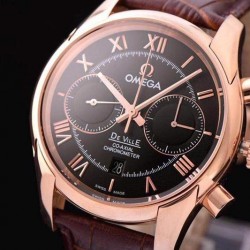 Replica Omega De Ville 42MM Chronograph Rose Gold Black Dial Swiss 9301