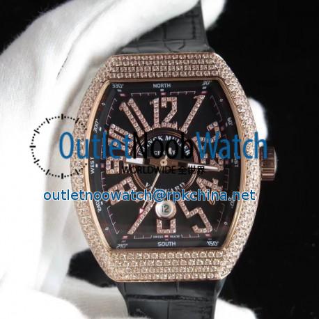 Replica Franck Muller Vanguard V45 SC DT OX Rose Gold & Diamond Black Dial Swiss 2824-2