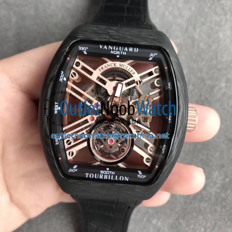 Replica Franck Muller Vanguard Skeleton V 45 S6 SQT CARBONE NR N Carbon Fiber Black & Rose gold Skeleton Dial M9015