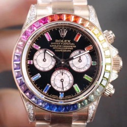 Replica Rolex Daytona Cosmograph Rainbow 116595RBOW BL Rose Gold & Diamonds Black Dial Swiss 4130 Run 6@SEC