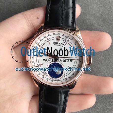 Replica Rolex Cellini Moonphase 50535 RXW Rose Gold White Dial Swiss 2824