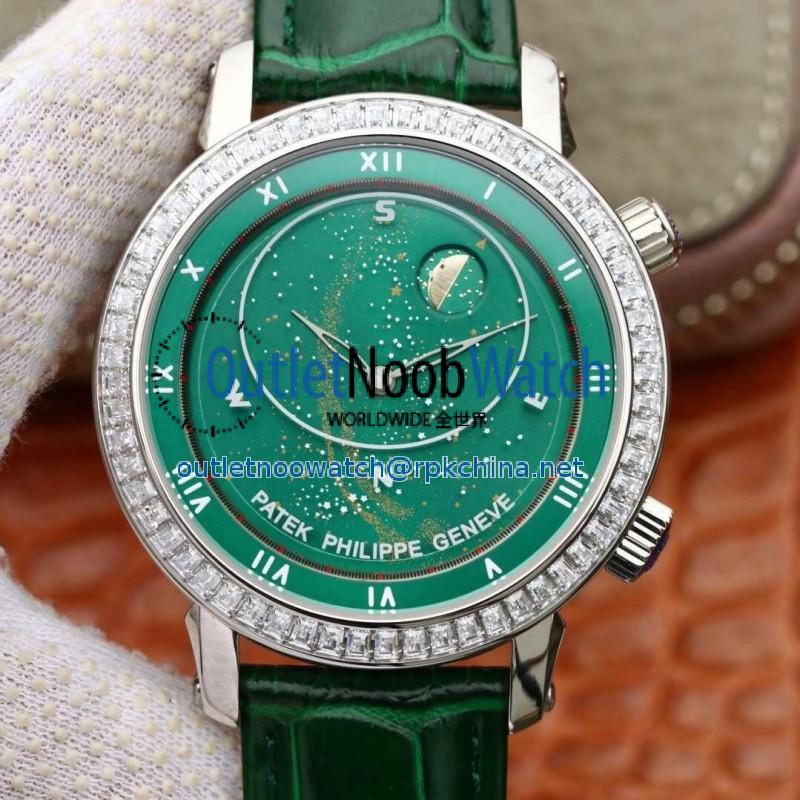 Replica Patek Philippe Grand Complications Sky Moon Celestial 5102G Noob Stainless Steel & Diamond Green Dial Swiss 240 LU CL C