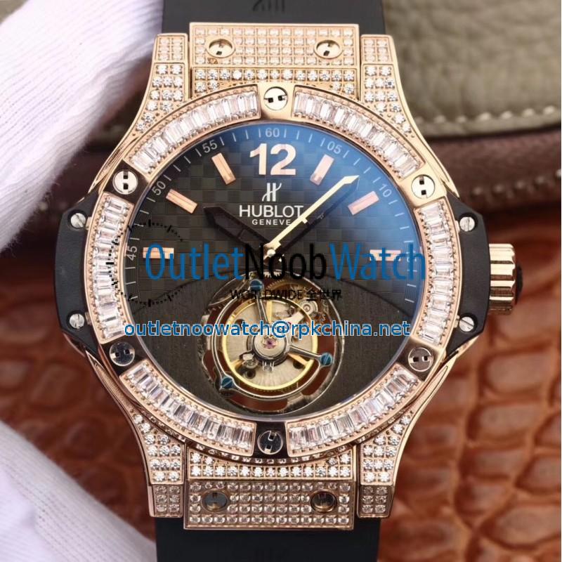 Replica Hublot Big Bang Tourbillon Solo Bang Noob Rose Gold & Diamonds Carbon Fiber Dial Swiss Tourbillon