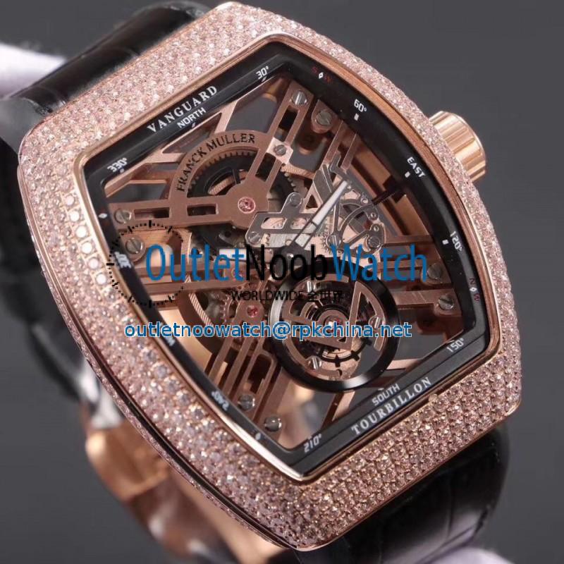 Replica Franck Muller Vanguard Skeleton V 45 T SQT Noob Rose Gold & Diamonds Rose Gold Skeleton Dial M9015