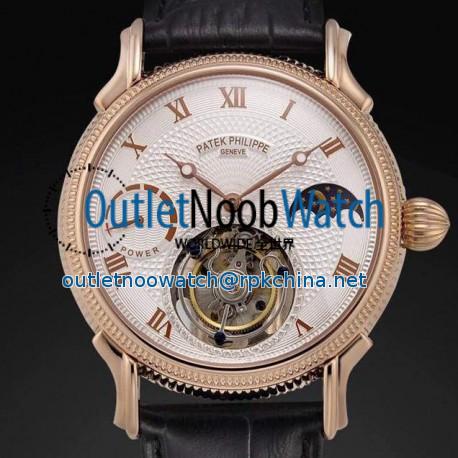 Replica Patek Philippe Tourbillon Moonphase Power Reserve Rose Gold White Dial Swiss Tourbillon