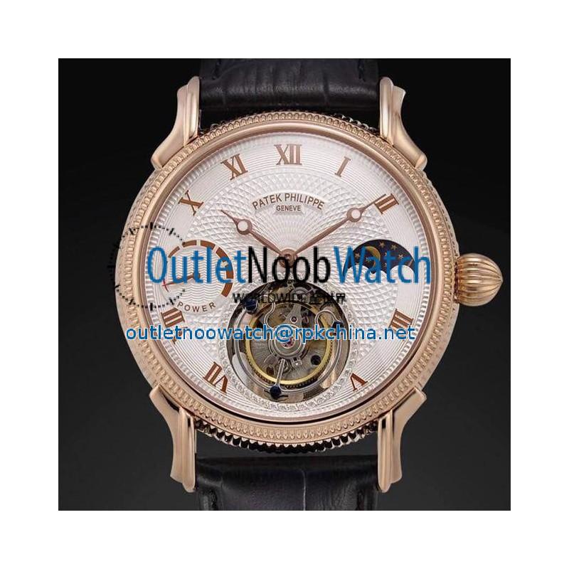 Replica Patek Philippe Tourbillon Moonphase Power Reserve Rose Gold White Dial Swiss Tourbillon