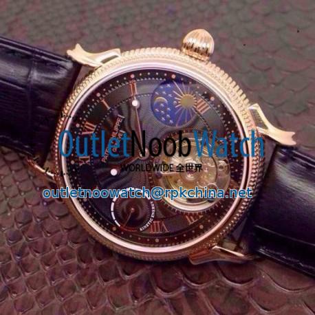 Replica Patek Philippe Tourbillon Moonphase Power Reserve Rose Gold Black Dial Swiss Tourbillon