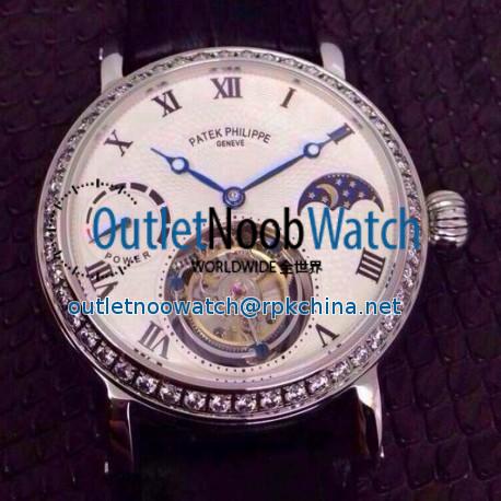 Replica Patek Philippe Tourbillon Moonphase Power Reserve Stainless Steel Diamonds Bezel Swiss Tourbillon