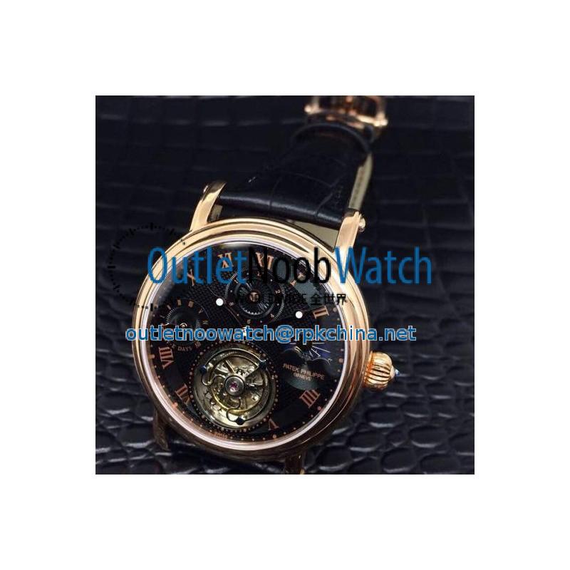 Replica Patek Philippe Tourbillon Moonphase 24H Power Reserve Rose Gold Black Dial Swiss Tourbillon