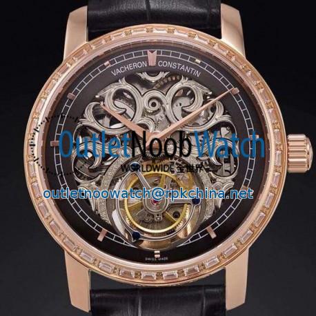 Replica Vacheron Constantin Patrimony Tourbillon Rose Gold & Diamonds Skeleton & Black Dial Swiss Tourbillon