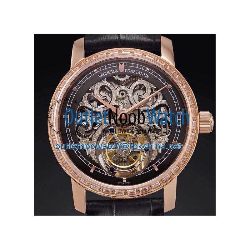 Replica Vacheron Constantin Patrimony Tourbillon Rose Gold & Diamonds Skeleton & Black Dial Swiss Tourbillon