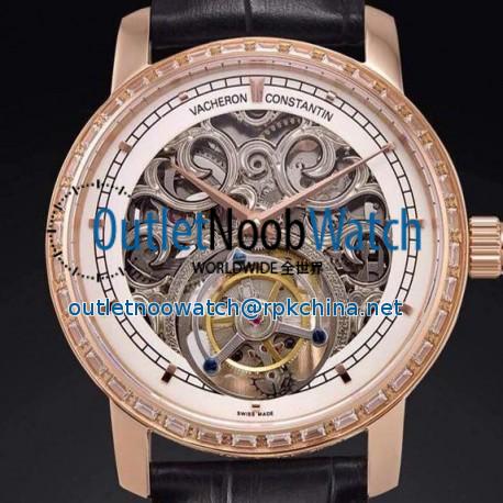 Replica Vacheron Constantin Patrimony Tourbillon Rose Gold & Diamonds Skeleton & White Dial Swiss Tourbillon