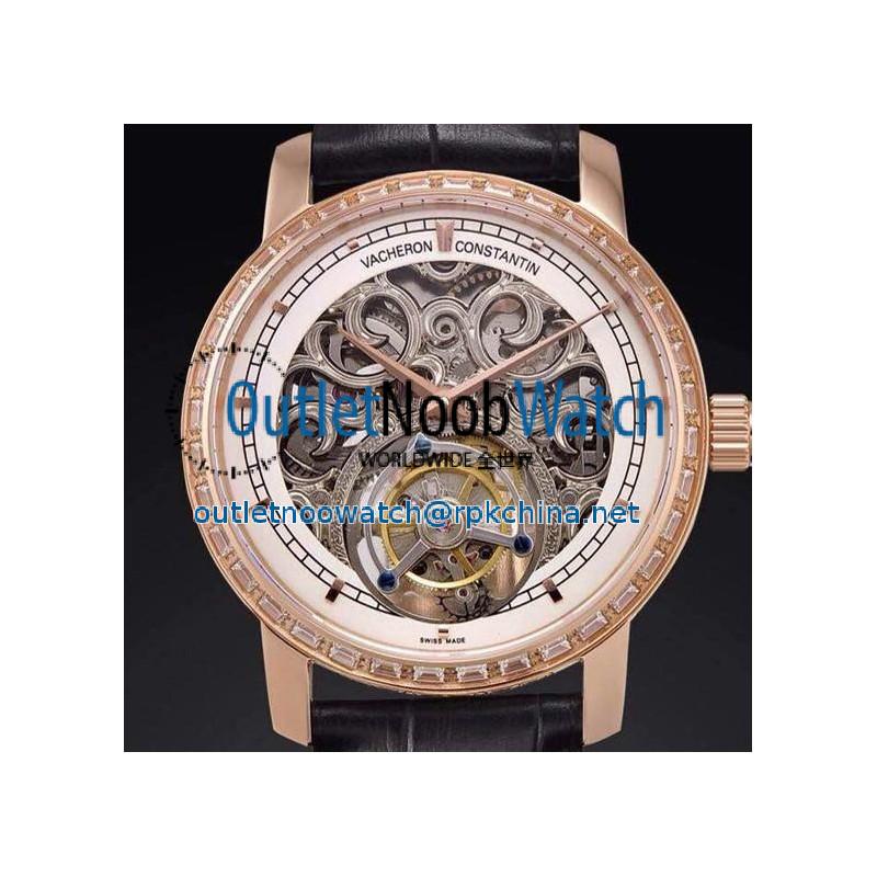 Replica Vacheron Constantin Patrimony Tourbillon Rose Gold & Diamonds Skeleton & White Dial Swiss Tourbillon