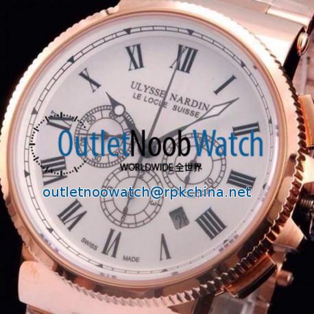 Replica Ulysse Nardin Marine Chronograph Rose Gold Roman Numbers White Dial Swiss 7750