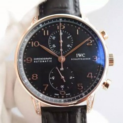 Replica IWC Portuguese Chronograph Rose Gold & Diamonds Black Dial Swiss 7750