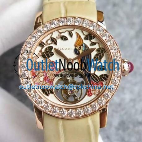 Replica Bvlgari Il Giardino Tropicale Rose Gold & Diamonds Parrot Dial Cream Leather Strap Swiss Tourbillon