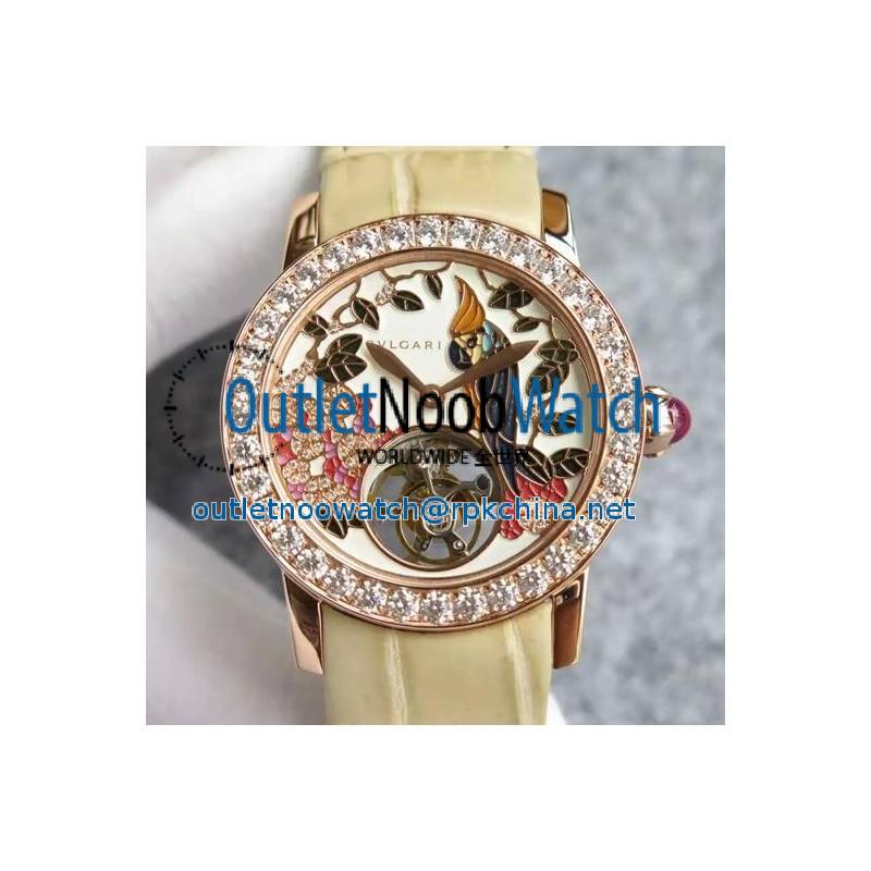 Replica Bvlgari Il Giardino Tropicale Rose Gold & Diamonds Parrot Dial Cream Leather Strap Swiss Tourbillon