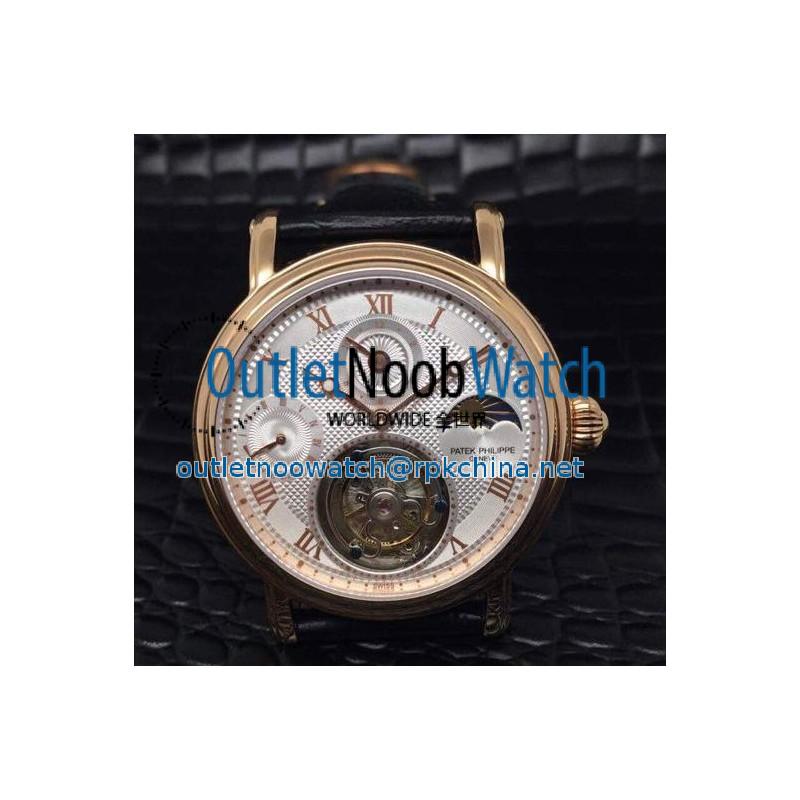 Replica Patek Philippe Tourbillon Moonphase Power Reserve 24K Rose Gold Plated White Dial Swiss Tourbillon