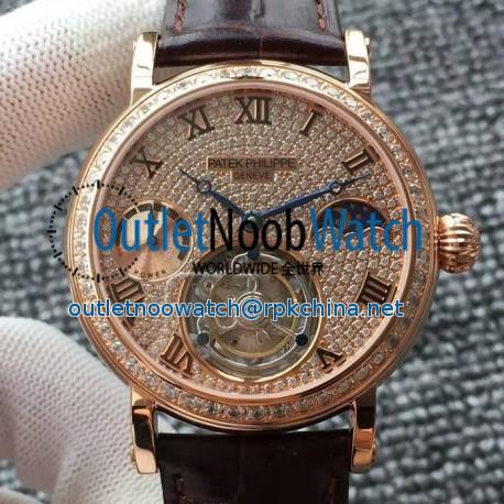 Replica Patek Philippe Tourbillon Moonphase Power Reserve Rose Gold Diamonds Dial Swiss Tourbillon