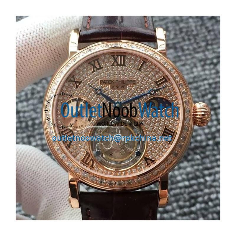 Replica Patek Philippe Tourbillon Moonphase Power Reserve Rose Gold Diamonds Dial Swiss Tourbillon