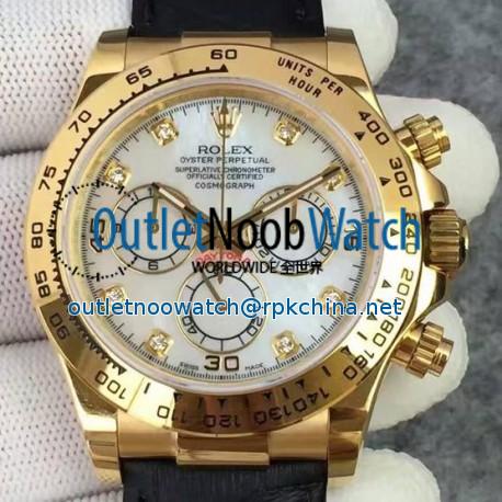 Replica Rolex Daytona Cosmograph 116518 JH Yellow Gold Diamonds & Pearl Dial Swiss 4130 Run 6@SEC