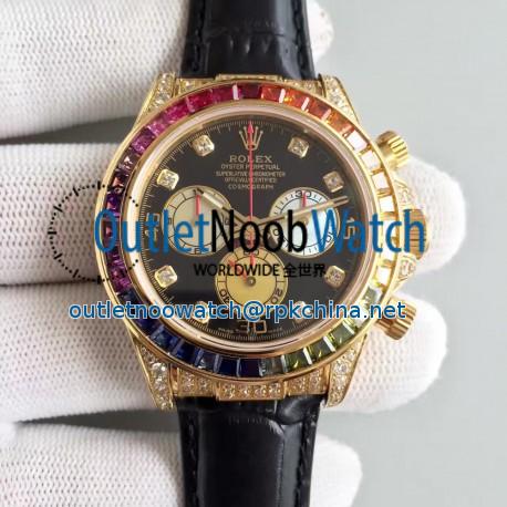 Replica Rolex Daytona Cosmograph 116598 Rainbow Yellow Gold & Diamonds Black Dial Swiss 7750 Run 6@SEC