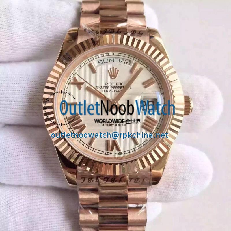 Replica Rolex Day-Date 40 228235 40MM KW Rose Gold Silver Quadrant Dial Swiss 3255