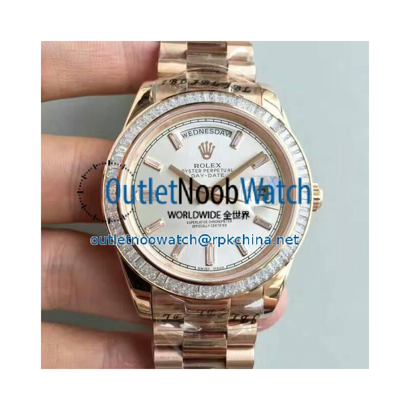 Replica Rolex Day-Date 40 228235 40MM KW Rose Gold & Diamonds Sundust Dial Swiss 3255