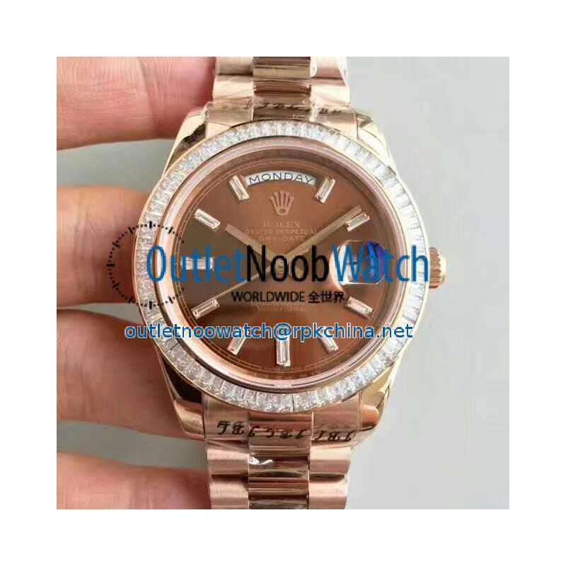 Replica Rolex Day-Date 40 228235 40MM KW Rose Gold & Diamonds Chocolate Dial Swiss 3255