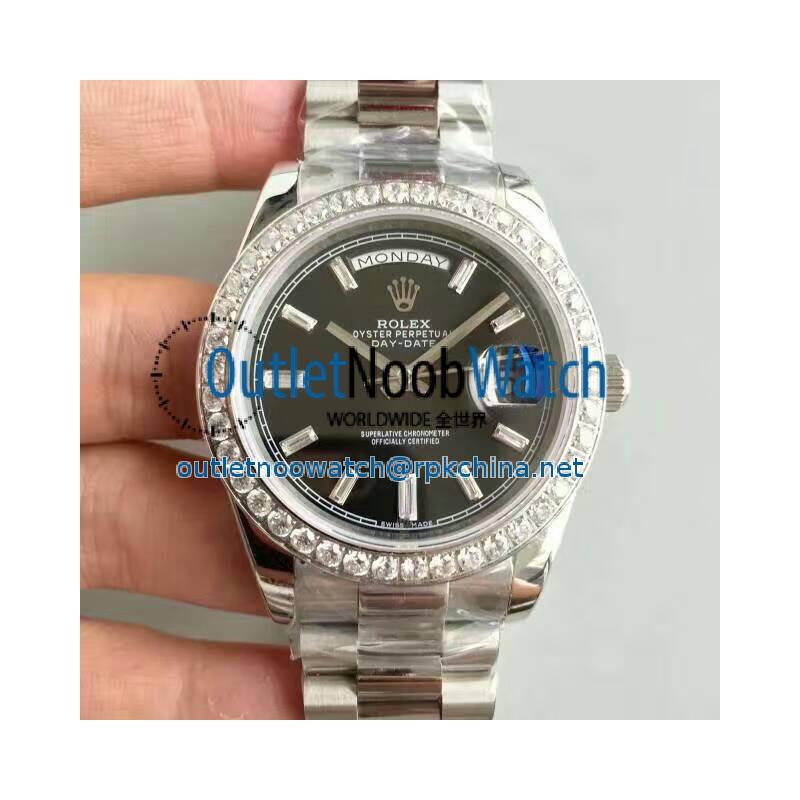 Replica Rolex Day-Date 40 228349RBR 40MM KW Stainless Steel & Diamonds Black Dial Swiss 3255