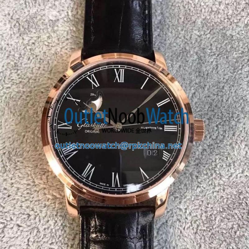 Replica Glashutte Senator Panorama Date Moon Phase 100-04-32-15-04 GF Rose Gold Black Dial Swiss 100-04