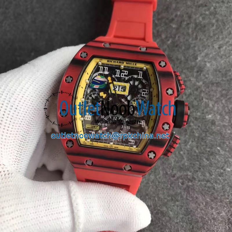 Replica Richard Mille RM011 Red QTPT Flyback Chronograph KV Red Forged Carbon Yellow Skeleton Dial Swiss 7750