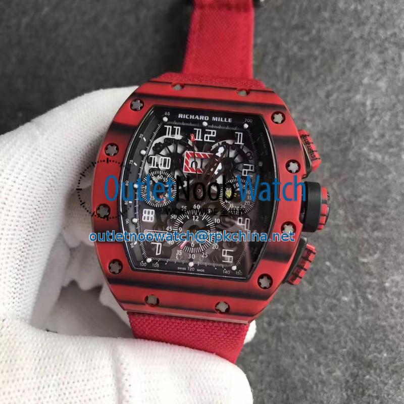 Replica Richard Mille RM011 Red QTPT Flyback Chronograph KV Red Forged Carbon Black Skeleton Dial Swiss 7750